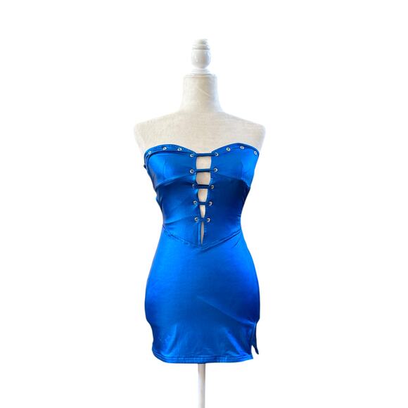 New Pink Intergalactic Universe Mini Body-con Dress in Metallic Blue - Picture 3 of 11